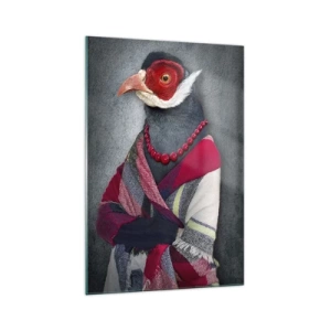 Quadro su vetro - Ritratti stilizzati di un lupo, un fagiano e un leone in abiti eleganti - 70x100cm - Che faccio io qui? - Decorazione murale moderna per soggiorno e camera da letto ARTTOR