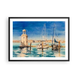 Poster in cornice nera - Marina con barche sullo sfondo di una laguna blu - 70x50cm - La laguna assolata - Decorazione murale moderna per soggiorno e camera da letto ARTTOR