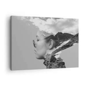 Quadro su tela - Stampe su Tela - Una composizione in bianco e nero con la silhouette di una donna e un paesaggio montano. - 70x50cm - Ritratto montano nuvoloso - Decorazione murale moderna per soggiorno e camera da letto ARTTOR