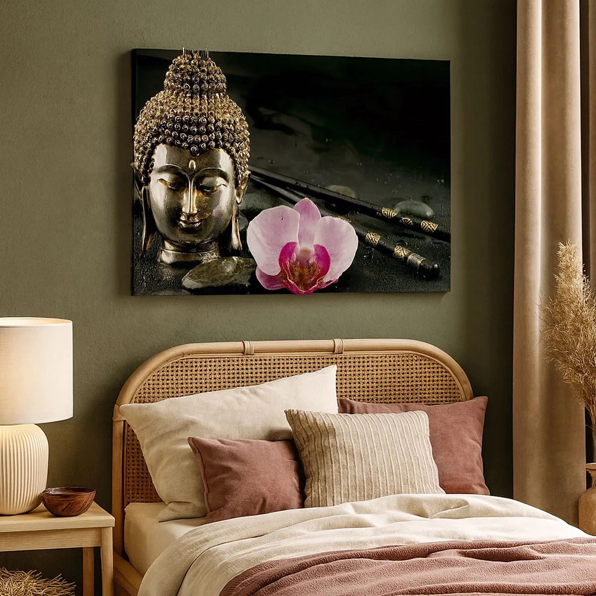 Quadro su tela - Stampe su Tela - Una statuetta di Buddha con un'orchidea e delle bacchette su uno sfondo di pietre - 70x50cm - Armonia di saggezza e bellezza - Decorazione murale moderna per soggiorno e camera da letto ARTTOR