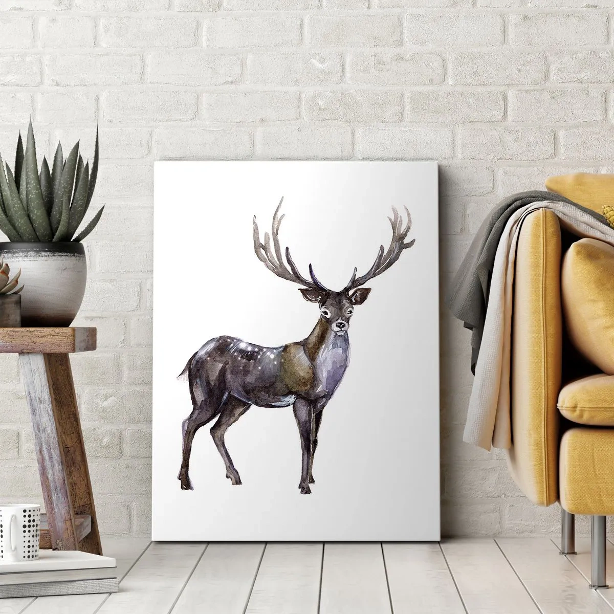 Quadro su tela - Stampe su Tela - Illustrazione ad acquerello di un cervo con maestose corna - 80x120cm - Il re della foresta del nord - Decorazione murale moderna per soggiorno e camera da letto ARTTOR