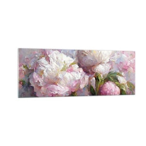 Quadro su vetro - Romantici fiori di peonia in colori pastello - 140x50cm - Un bouquet pieno di vita - Decorazione murale moderna per soggiorno e camera da letto ARTTOR