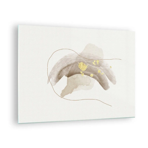 Quadro su vetro - Astrazione beige e oro con linee e forme delicate - 70x50cm - Incontro nello spazio - Decorazione murale moderna per soggiorno e camera da letto ARTTOR