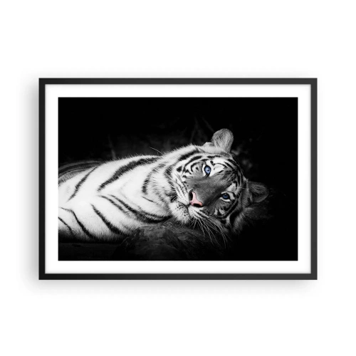 Poster in cornice nera - Una tigre bianca artisticamente raffigurata su uno sfondo nero - 70x50cm - Selvaggità e pace - Decorazione murale moderna per soggiorno e camera da letto ARTTOR