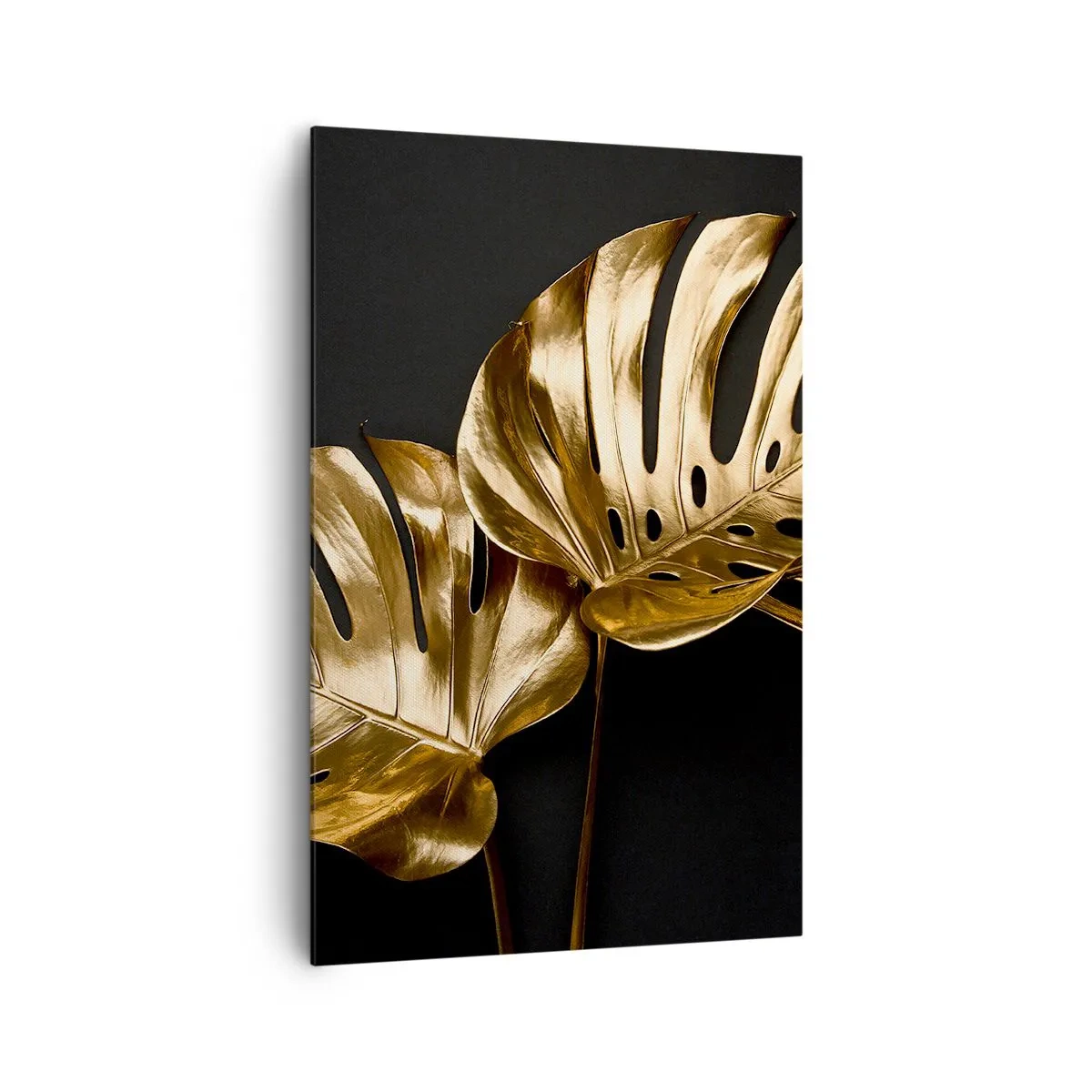 Quadro su tela - Stampe su Tela - Foglie di monstera dorate su sfondo nero - 80x120cm - I tesori della natura - Decorazione murale moderna per soggiorno e camera da letto ARTTOR