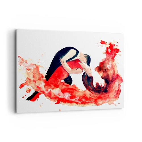 Quadro su tela - Stampe su Tela - Un dinamico dipinto ad acquerello raffigurante una coppia che balla nei toni del rosso. - 100x70cm - Tango: un'onda di passione - Decorazione murale moderna per soggiorno e camera da letto ARTTOR