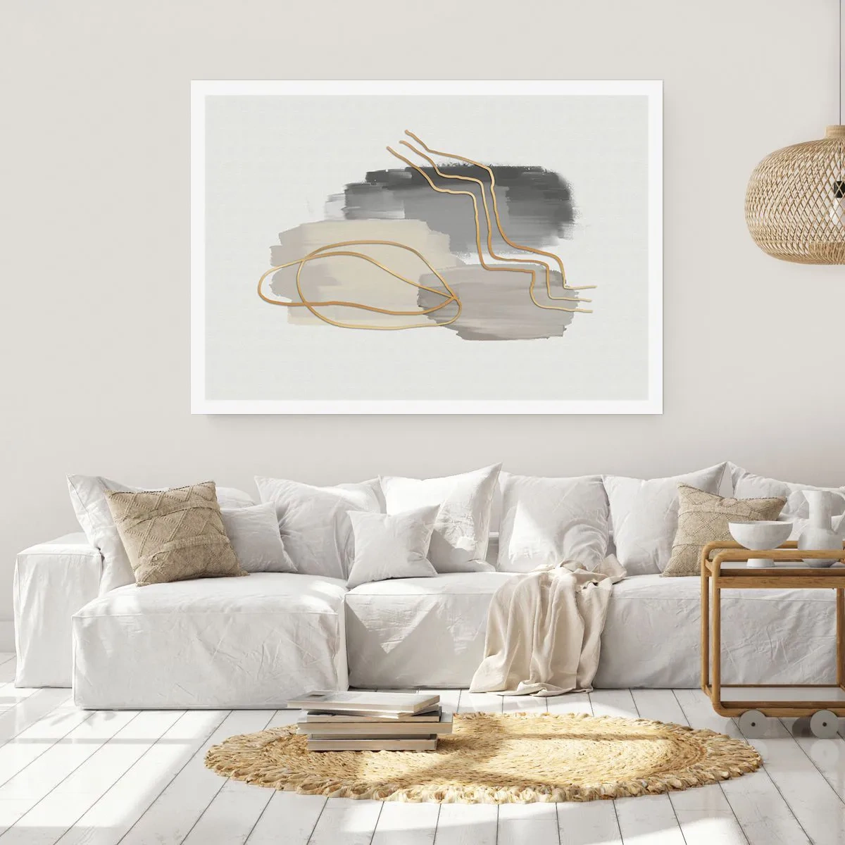Poster - Linee dorate astratte su sfondo grigio - 100x70cm - Durata e movimento - Decorazione murale moderna per soggiorno e camera da letto ARTTOR