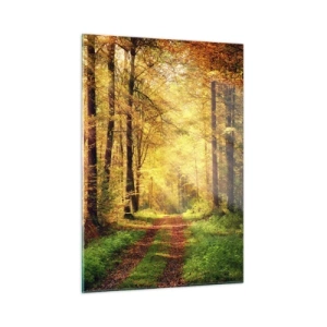 Quadro su vetro - Sentiero autunnale nel bosco con raggi di sole - 50x70cm - Il silenzio d'oro del bosco - Decorazione murale moderna per soggiorno e camera da letto ARTTOR