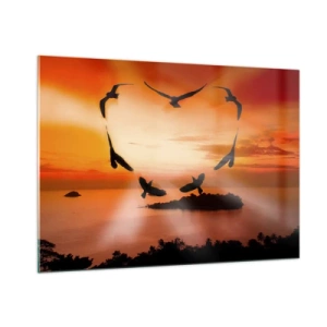 Quadro su vetro - Uccelli che formano un cuore sullo sfondo di un tramonto - 100x70cm - Ama il mondo come fanno gli uccelli - Decorazione murale moderna per soggiorno e camera da letto ARTTOR