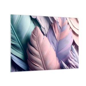 Quadro su vetro - Piume pastello nelle tonalità del rosa, viola e turchese - 70x50cm - Eleganza per uccelli - Decorazione murale moderna per soggiorno e camera da letto ARTTOR