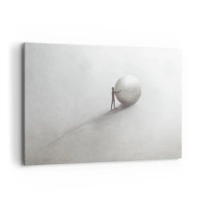 Quadro su tela - Stampe su Tela - Una figura minimalista con una palla su uno sfondo chiaro e monocromatico. - 120x80cm - Il gioco della vita - Decorazione murale moderna per soggiorno e camera da letto ARTTOR