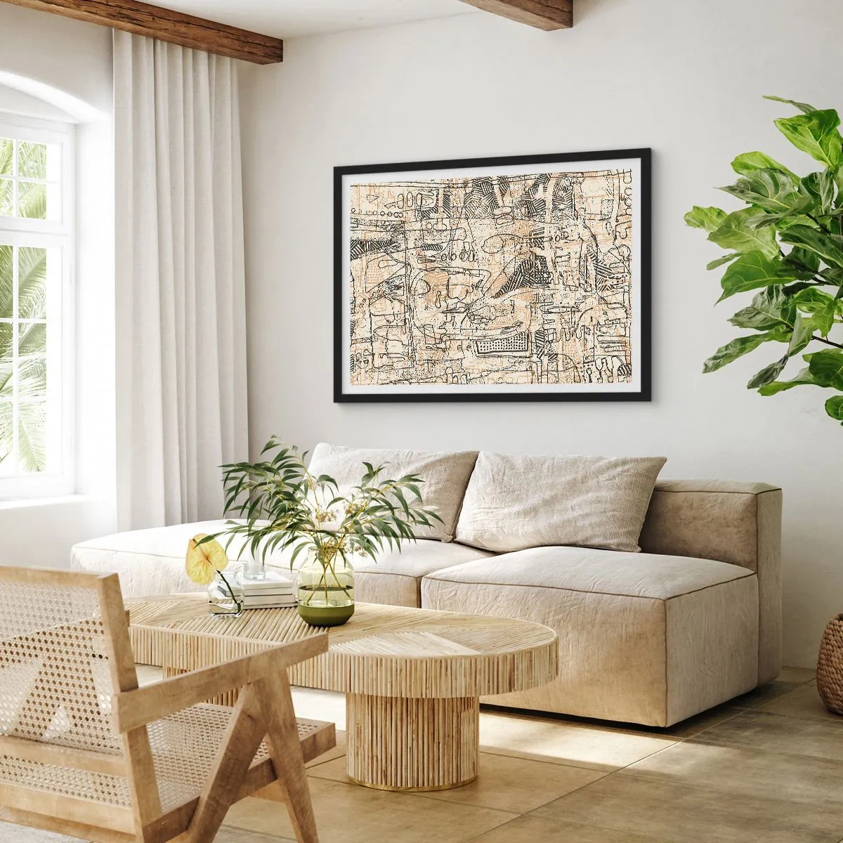 Poster in cornice nera - Motivi astratti e linee su uno sfondo beige - 100x70cm - In attesa di essere decifrato - Decorazione murale moderna per soggiorno e camera da letto ARTTOR