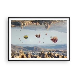 Poster in cornice nera - Palloncini colorati su un paesaggio roccioso - 100x70cm - Qui tutto è possibile - Decorazione murale moderna per soggiorno e camera da letto ARTTOR