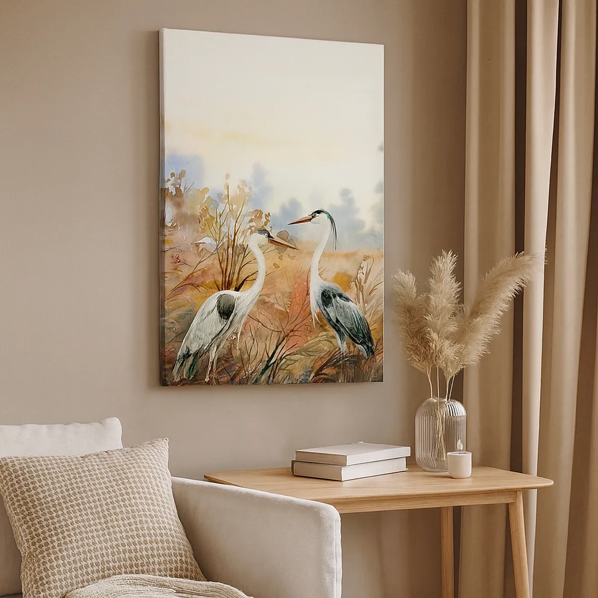 Quadro su tela - Stampe su Tela - Due aironi sullo sfondo di un paesaggio autunnale - 50x70cm - Dove in autunno? - Decorazione murale moderna per soggiorno e camera da letto ARTTOR