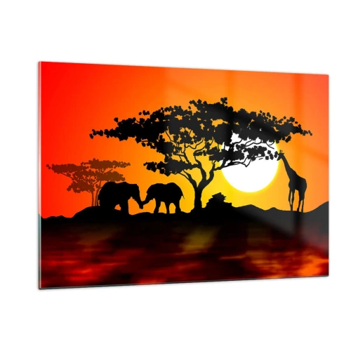 Quadro su vetro - Paesaggio africano con alberi e animali al tramonto - 120x80cm - Incontro nella savana - Decorazione murale moderna per soggiorno e camera da letto ARTTOR