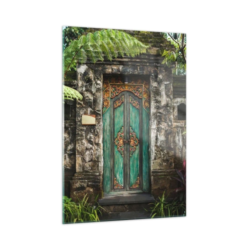 Quadro su vetro - Porta turchese decorata in un muro di pietra circondato da vegetazione tropicale - 50x70cm - Le porte verso un mondo esotico - Decorazione murale moderna per soggiorno e camera da letto ARTTOR