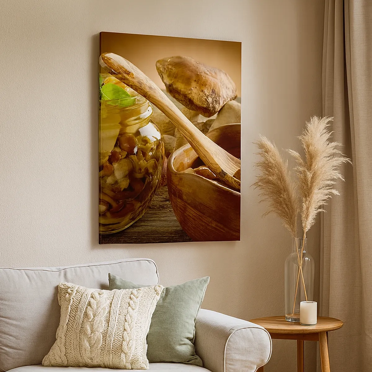 Quadro su tela - Stampe su Tela - Funghi naturali in un barattolo su un tavolo rustico - 50x70cm - Freschi, conservati, autunnali... - Decorazione murale moderna per soggiorno e camera da letto ARTTOR