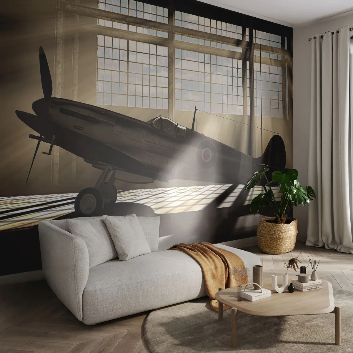 Fotomurali Premium Sand - Un aereo d'epoca in un hangar sotto i riflettori - 100x70cm - Il riposo del guerriero - Decorazione murale moderna per soggiorno e camera da letto ARTTOR