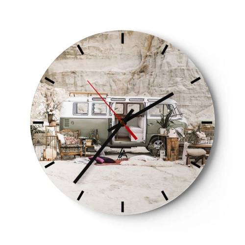 Orologio da parete - Orologio in Vetro - Un camper con elementi decorativi su uno sfondo di paesaggio naturale - 30x30cm - è tempo di viaggiare - Decorazione murale moderna per soggiorno, cucina e camera da letto ARTTOR