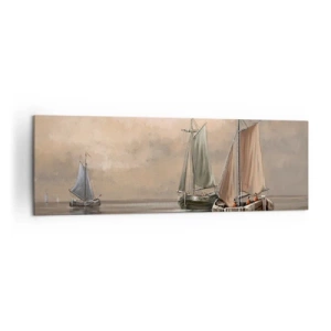 Quadro su tela - Stampe su Tela - Barche a vela su un mare calmo in un ambiente pastello - 160x50cm - Il ritorno dei marinai - Decorazione murale moderna per soggiorno e camera da letto ARTTOR