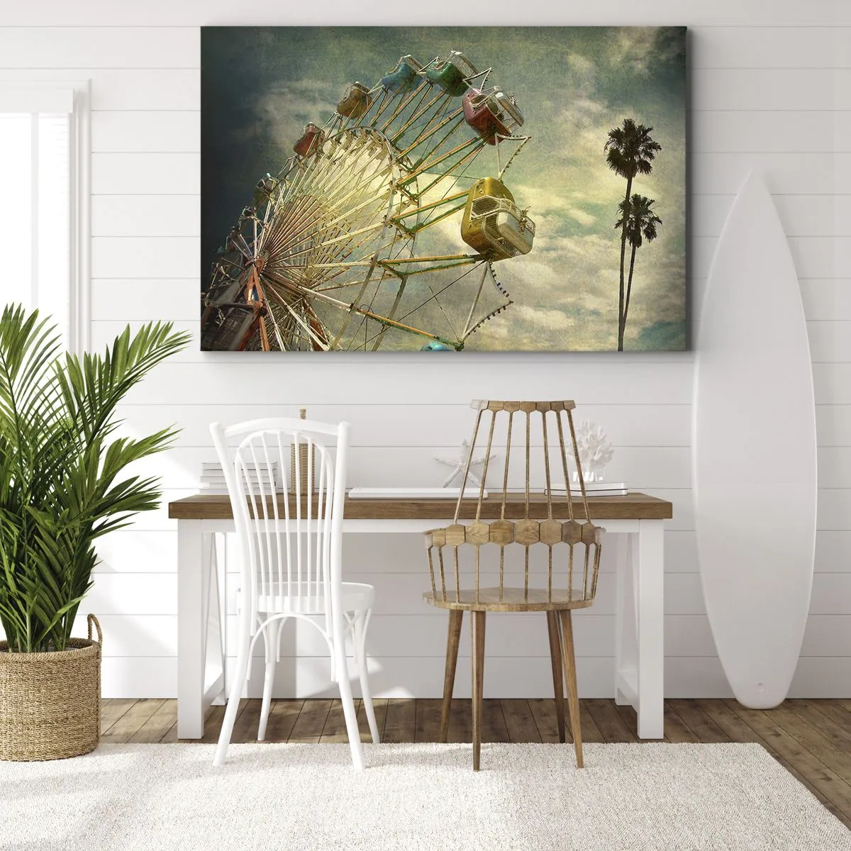 Quadro su tela - Stampe su Tela - Foto retrò di una ruota panoramica con palme contro il cielo - 70x50cm - Il divertimento comincia... - Decorazione murale moderna per soggiorno e camera da letto ARTTOR