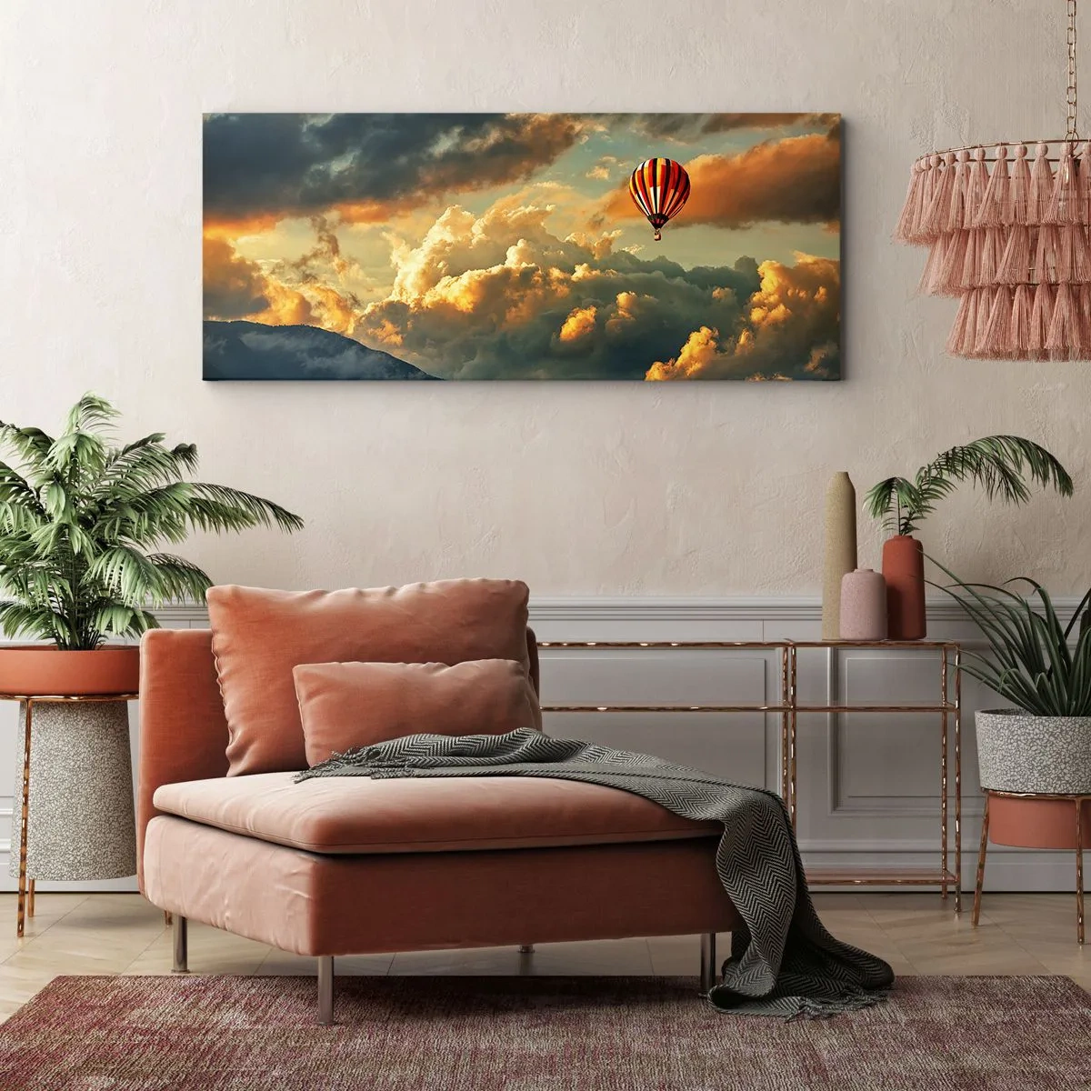 Quadro su tela - Stampe su Tela - Un pallone sullo sfondo di nuvole spettacolari - 140x50cm - Volo perché voglio - Decorazione murale moderna per soggiorno e camera da letto ARTTOR