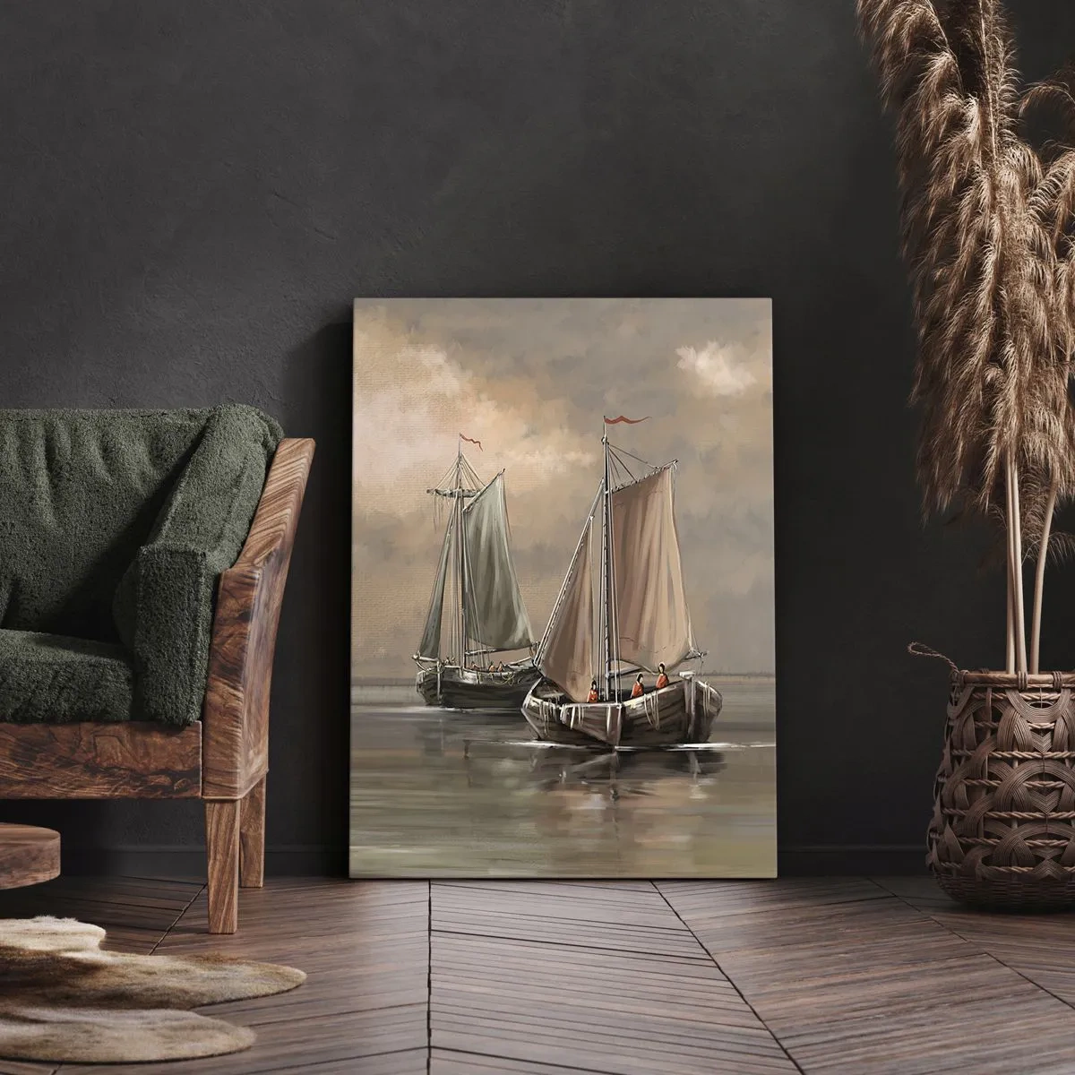 Quadro su tela - Stampe su Tela - Barche a vela su un mare calmo in un ambiente pastello - 50x70cm - Il ritorno dei marinai - Decorazione murale moderna per soggiorno e camera da letto ARTTOR
