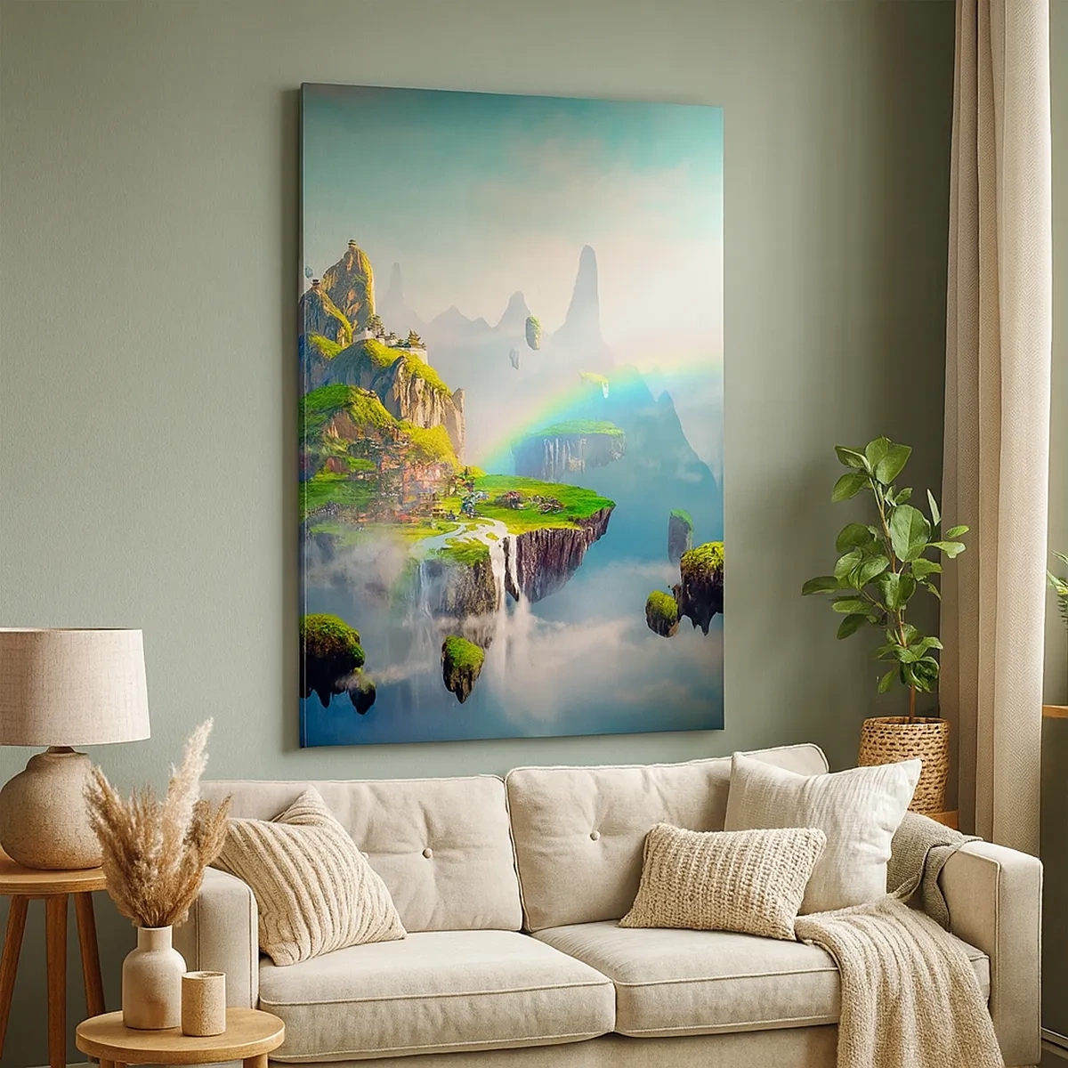 Quadro su tela - Stampe su Tela - Isole volanti tra le nuvole con un arcobaleno all'orizzonte - 50x70cm - In mezzo al cielo: isole fortunate - Decorazione murale moderna per soggiorno e camera da letto ARTTOR