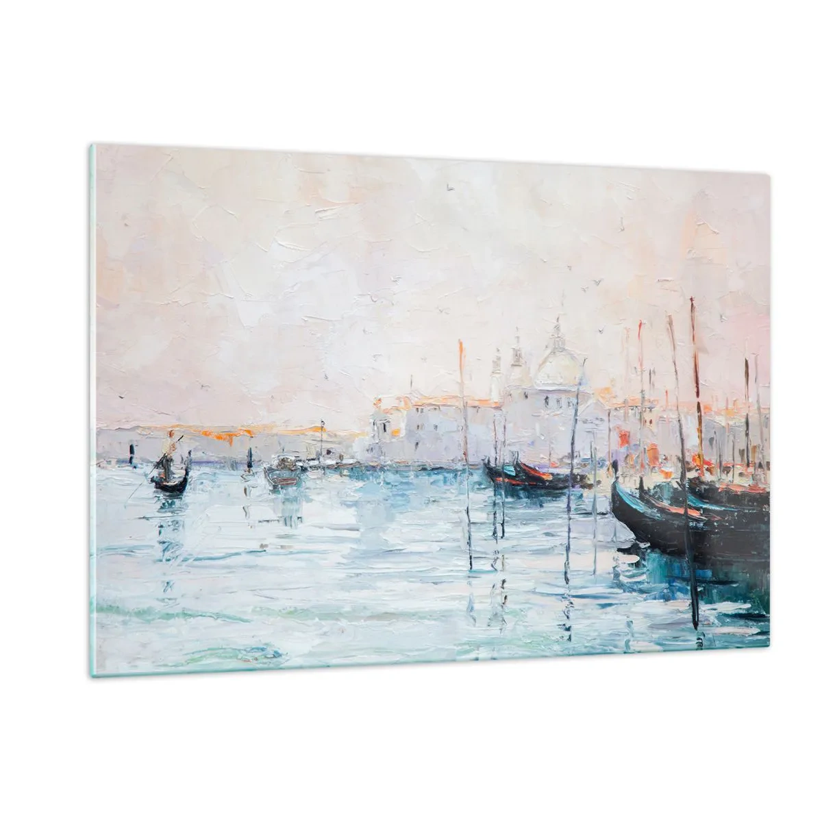 Quadro su vetro - Paesaggio impressionista con barche ed edifici - 120x80cm - Dopo l'acqua, dopo la nebbia - Decorazione murale moderna per soggiorno e camera da letto ARTTOR