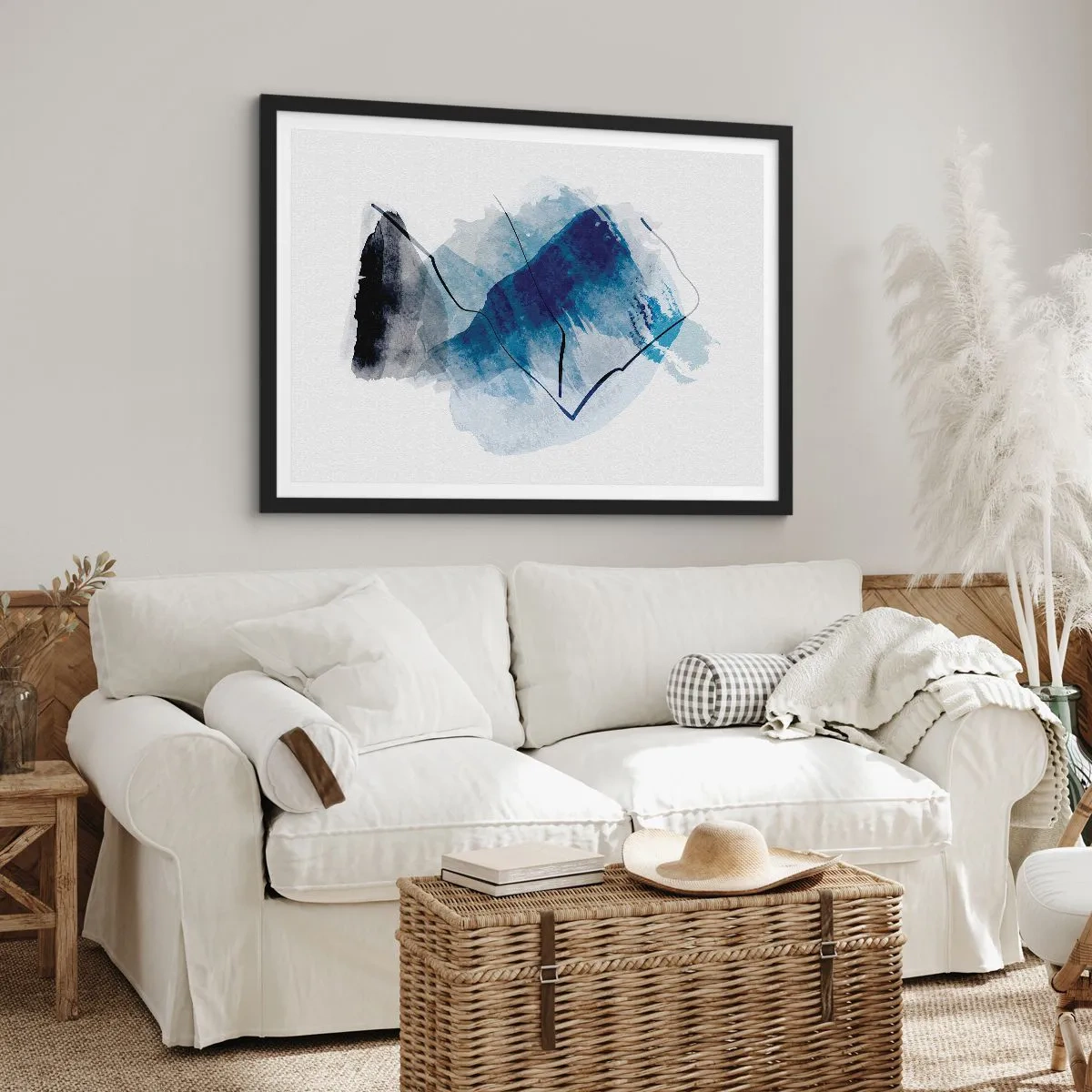 Poster in cornice nera - Forme astratte nei toni del blu con linee delicate - 100x70cm - Monte di ghiaccio - Decorazione murale moderna per soggiorno e camera da letto ARTTOR