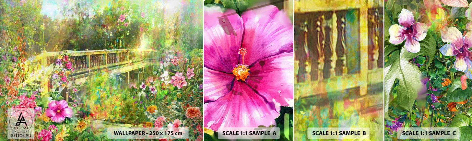 Campione Di Fotomurale Standard Eco - Il ponte dei sospiri primaverili - Paesaggio, Fiori, Giardino - 100x30 cm