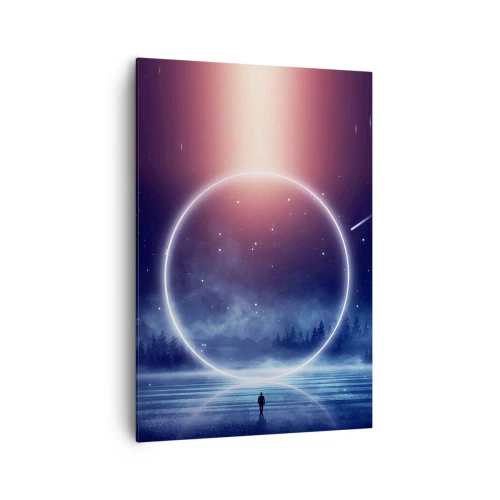 Quadro su tela - Stampe su Tela - Un paesaggio magico con una figura e un cerchio di luce di notte - 70x100cm - Sono già qui... - Decorazione murale moderna per soggiorno e camera da letto ARTTOR