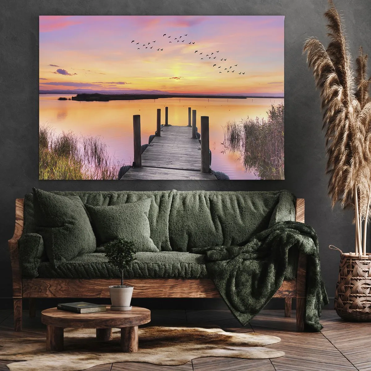 Quadro su tela - Stampe su Tela - Un molo su un lago al tramonto con uccelli nel cielo - 70x50cm - Alba viola e silenziosa - Decorazione murale moderna per soggiorno e camera da letto ARTTOR