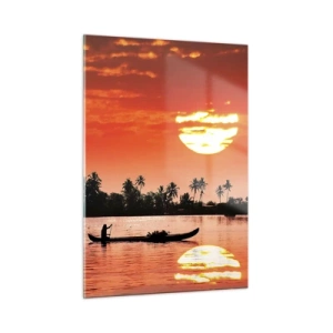 Quadro su vetro - Tramonto sul fiume con palme e una barca - 50x70cm - La calma dei tropici al tramonto - Decorazione murale moderna per soggiorno e camera da letto ARTTOR