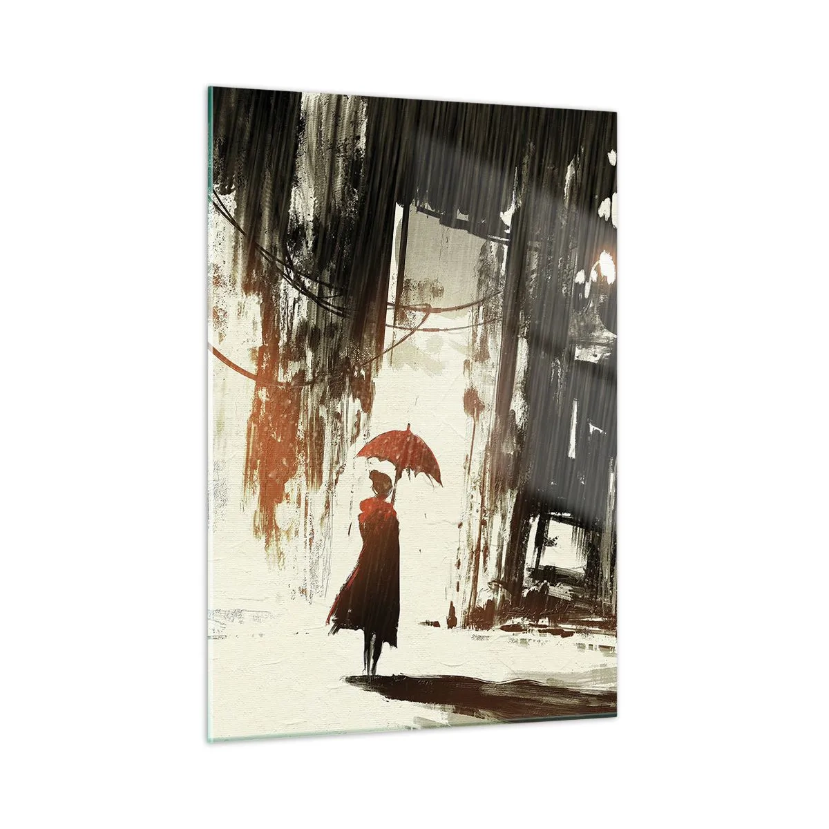 Quadro su vetro - Una persona con un ombrello rosso sotto la pioggia su uno sfondo urbano scuro. - 50x70cm - La poesia dell'ombrello rosso - Decorazione murale moderna per soggiorno e camera da letto ARTTOR