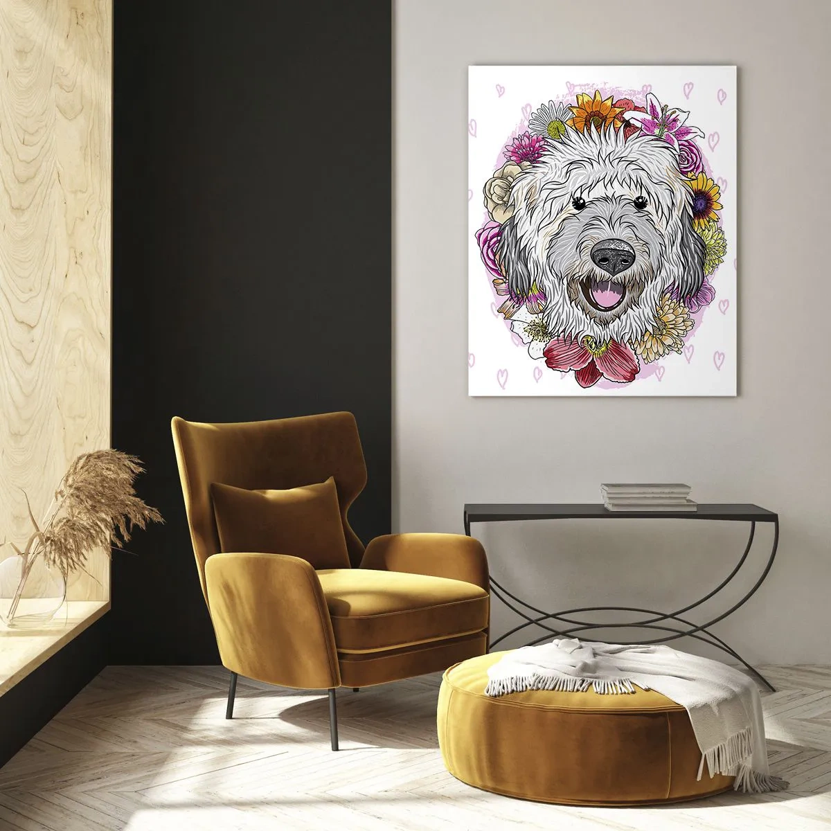 Quadro su vetro - Illustrazione di un cane circondato da fiori - 50x70cm - Gioia di cucciolo - Decorazione murale moderna per soggiorno e camera da letto ARTTOR