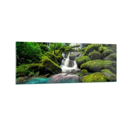 Quadro su vetro - Una cascata tropicale circondata dal verde e dall'acqua turchese - 140x50cm - Turchese, zaffiro e argento liquido - Decorazione murale moderna per soggiorno e camera da letto ARTTOR