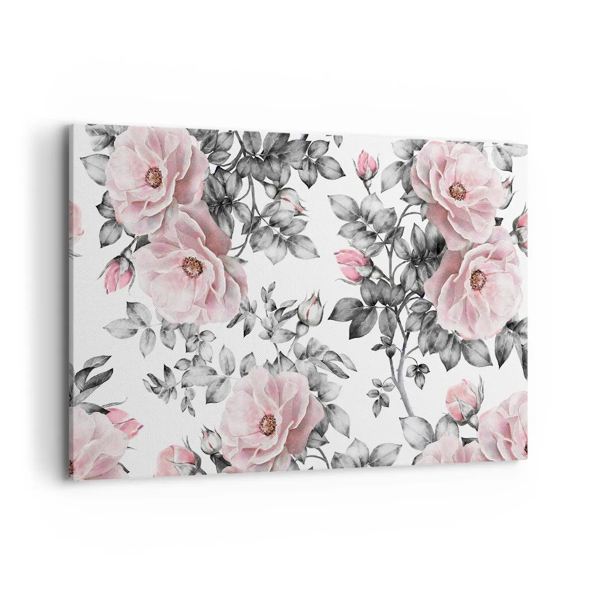 Quadro su tela - Stampe su Tela - Rose rosa e foglie su un delicato sfondo bianco e nero - 120x80cm - Perdersi tra le rose - Decorazione murale moderna per soggiorno e camera da letto ARTTOR