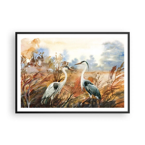 Poster in cornice nera - Due aironi sullo sfondo di un paesaggio autunnale - 100x70cm - Dove in autunno? - Decorazione murale moderna per soggiorno e camera da letto ARTTOR