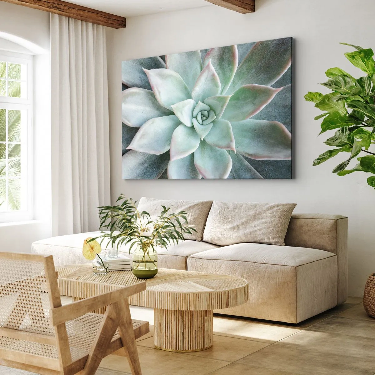 Quadro su tela - Stampe su Tela - Primo piano di una succulenta verde - 100x70cm - Il cuore del deserto - Decorazione murale moderna per soggiorno e camera da letto ARTTOR