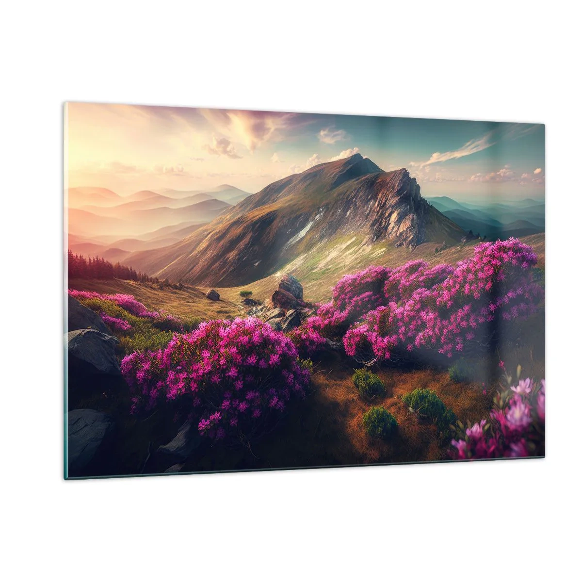 Quadro su vetro - Paesaggio montano estivo con erica rosa in fiore - 120x80cm - L'estate sui monti - Decorazione murale moderna per soggiorno e camera da letto ARTTOR