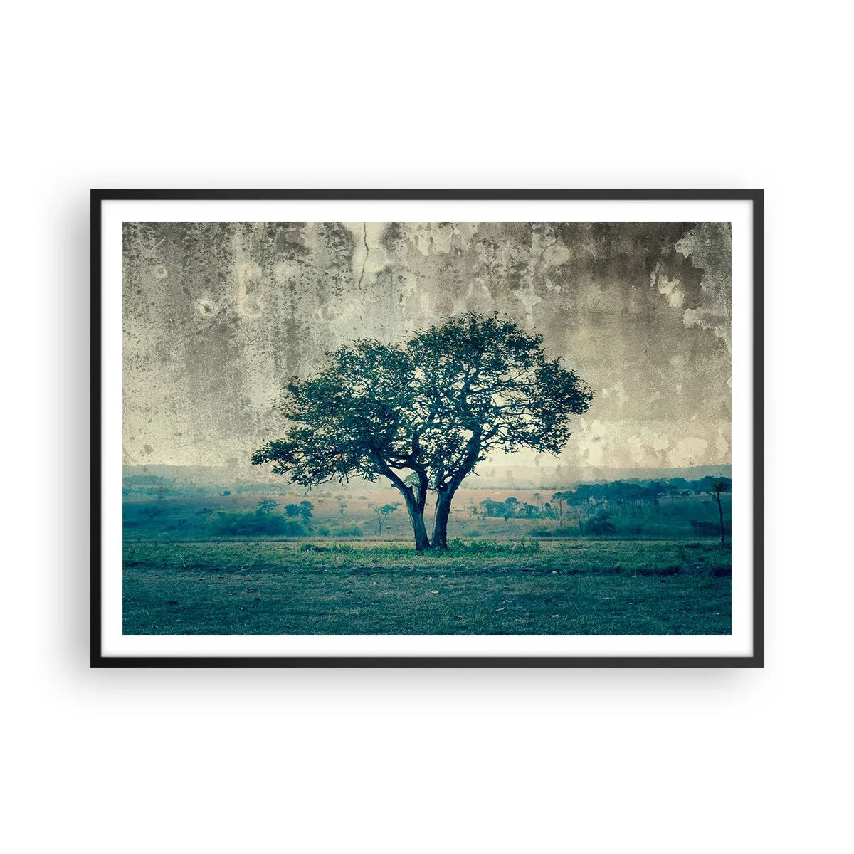 Poster in cornice nera - Un albero solitario contro un paesaggio nebbioso - 100x70cm - Un melo su un prato blu? - Decorazione murale moderna per soggiorno e camera da letto ARTTOR
