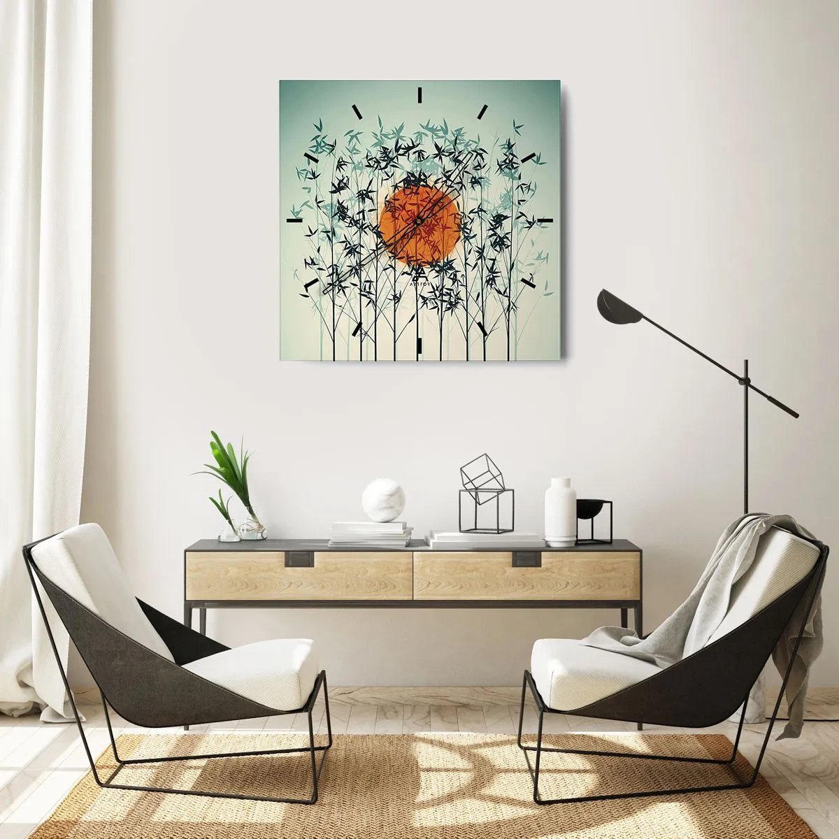 Orologio da parete - Orologio in Vetro - Sole arancione tra i rami di bambù - 30x30cm - Sole giapponese - Decorazione murale moderna per soggiorno e camera da letto ARTTOR