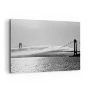 Quadro su tela - Stampe su Tela - Un ponte sull'acqua avvolto nella nebbia in uno scatto in bianco e nero - 120x80cm - Navigare attraverso la Porta d'Oro - Decorazione murale moderna per soggiorno e camera da letto ARTTOR