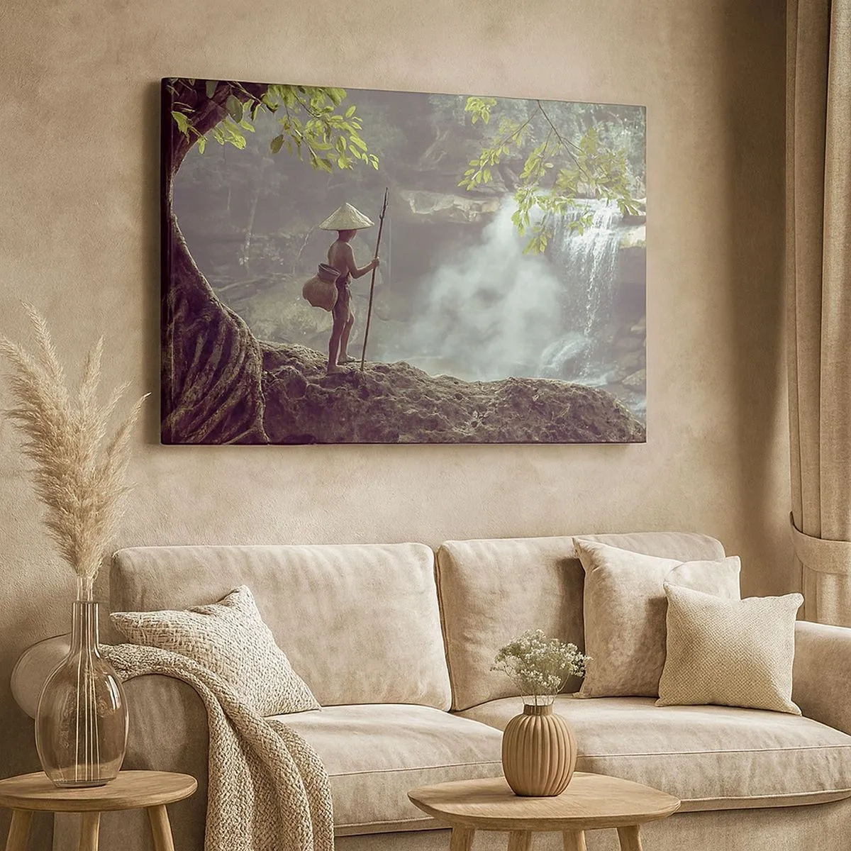 Quadro su tela - Stampe su Tela - Una figura con una lancia presso una cascata in una foresta tropicale - 70x50cm - In armonia con la natura - Decorazione murale moderna per soggiorno e camera da letto ARTTOR
