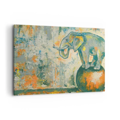 Quadro su tela - Stampe su Tela - Un elefante in equilibrio su una palla in stile artistico - 100x70cm - Evviva il circo! - Decorazione murale moderna per soggiorno e camera da letto ARTTOR