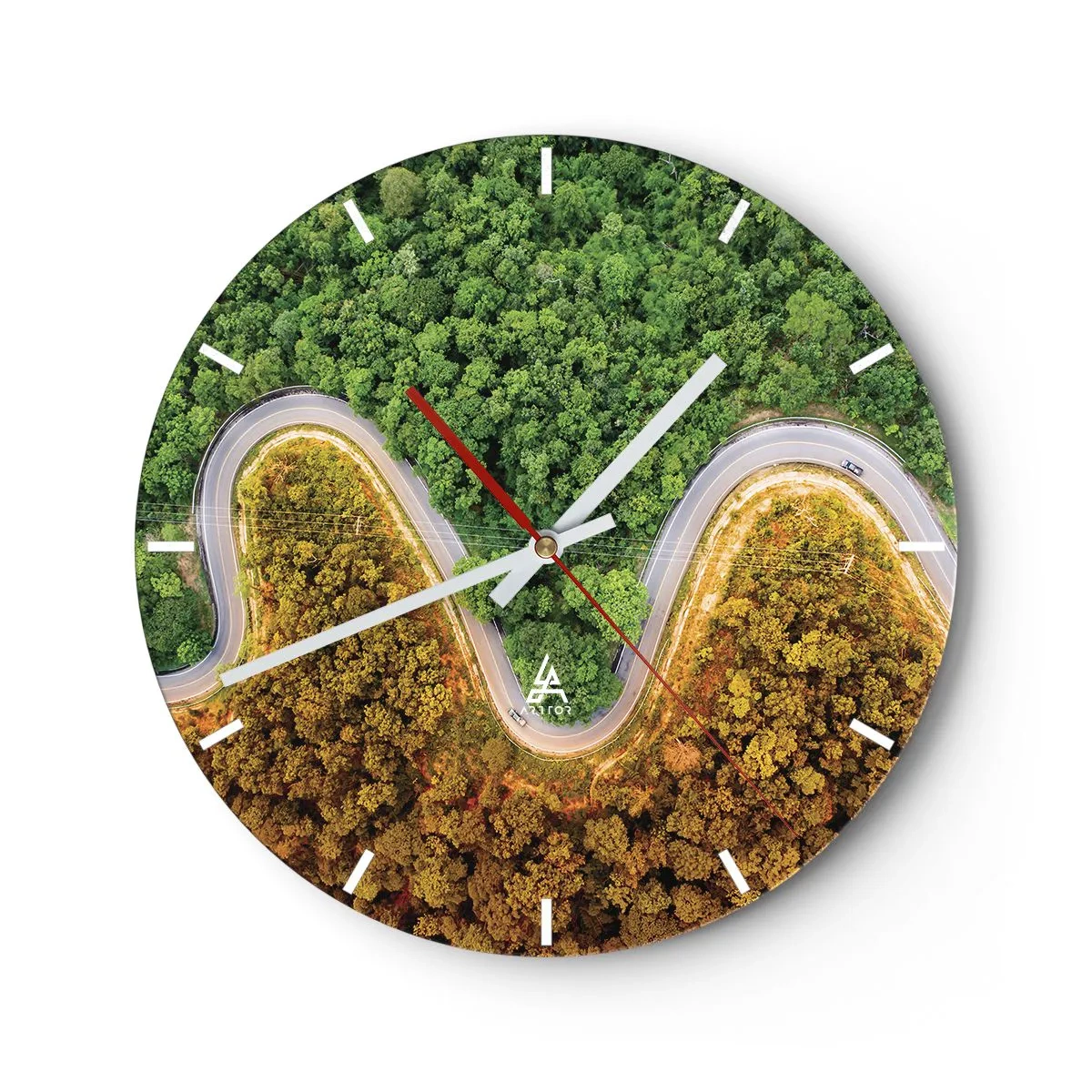 Orologio da parete - Orologio in Vetro - Una strada asfaltata tortuosa che attraversa la foresta vista dall'alto - 30x30cm - Confine e separazione - Decorazione murale moderna per soggiorno, cucina e camera da letto ARTTOR