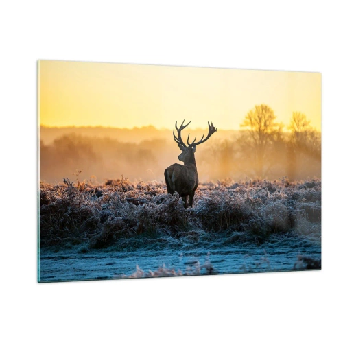 Quadro su vetro - Cervi in una mattina gelida con l'alba sullo sfondo - 120x80cm - Incoronato nelle sue terre - Decorazione murale moderna per soggiorno e camera da letto ARTTOR