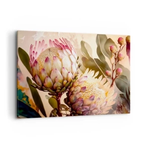 Quadro su tela - Stampe su Tela - Fiori di protea colorati su uno sfondo delicato - 100x70cm - Tenero abbraccio - Decorazione murale moderna per soggiorno e camera da letto ARTTOR
