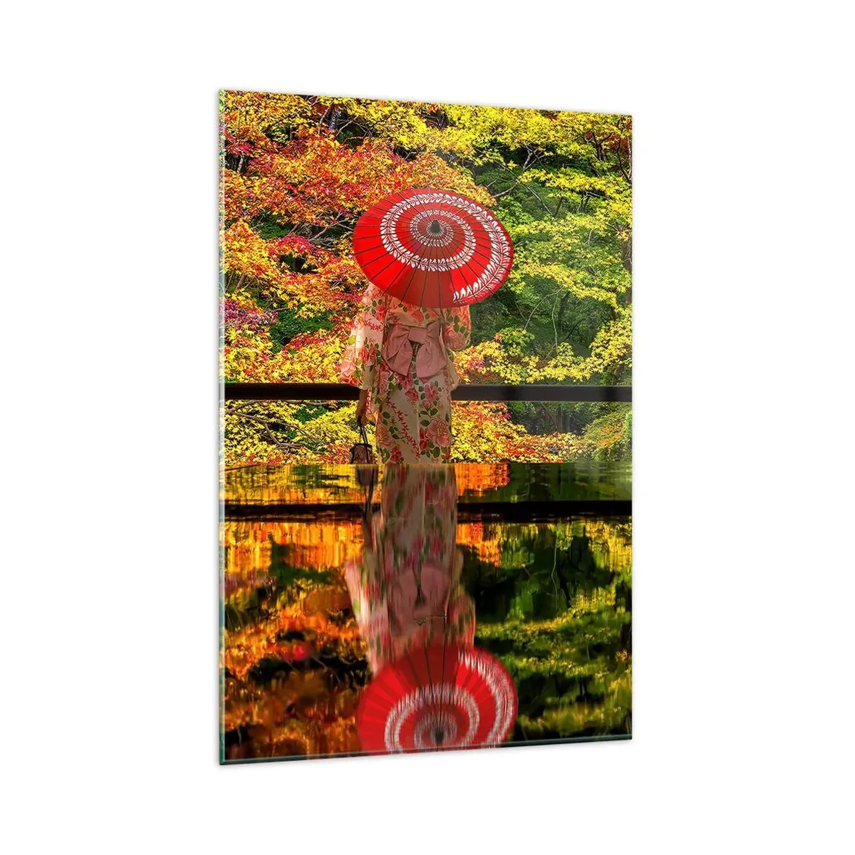 Quadro su vetro - Una donna in kimono con un ombrello sullo sfondo di un paesaggio autunnale. - 80x120cm - Nel tempio della natura - Decorazione murale moderna per soggiorno e camera da letto ARTTOR